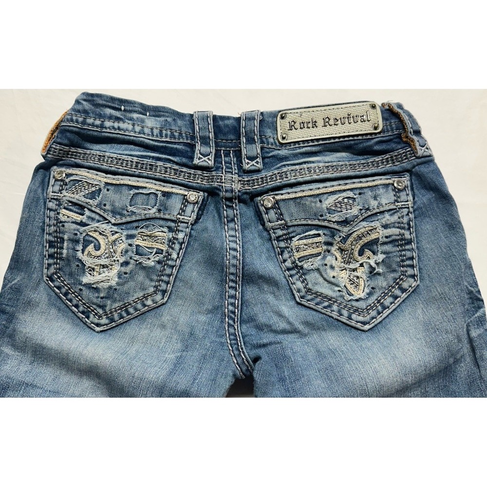 Rock Revival Sapphire Mid Rise Boot Cut Thick Stitch Denim Jeans Medium Wash 26